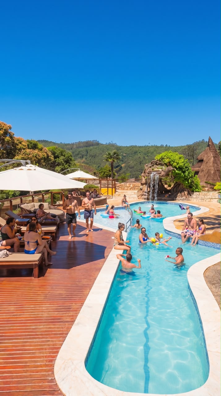 Piscina com famílias aproveitando o dia ensolarado