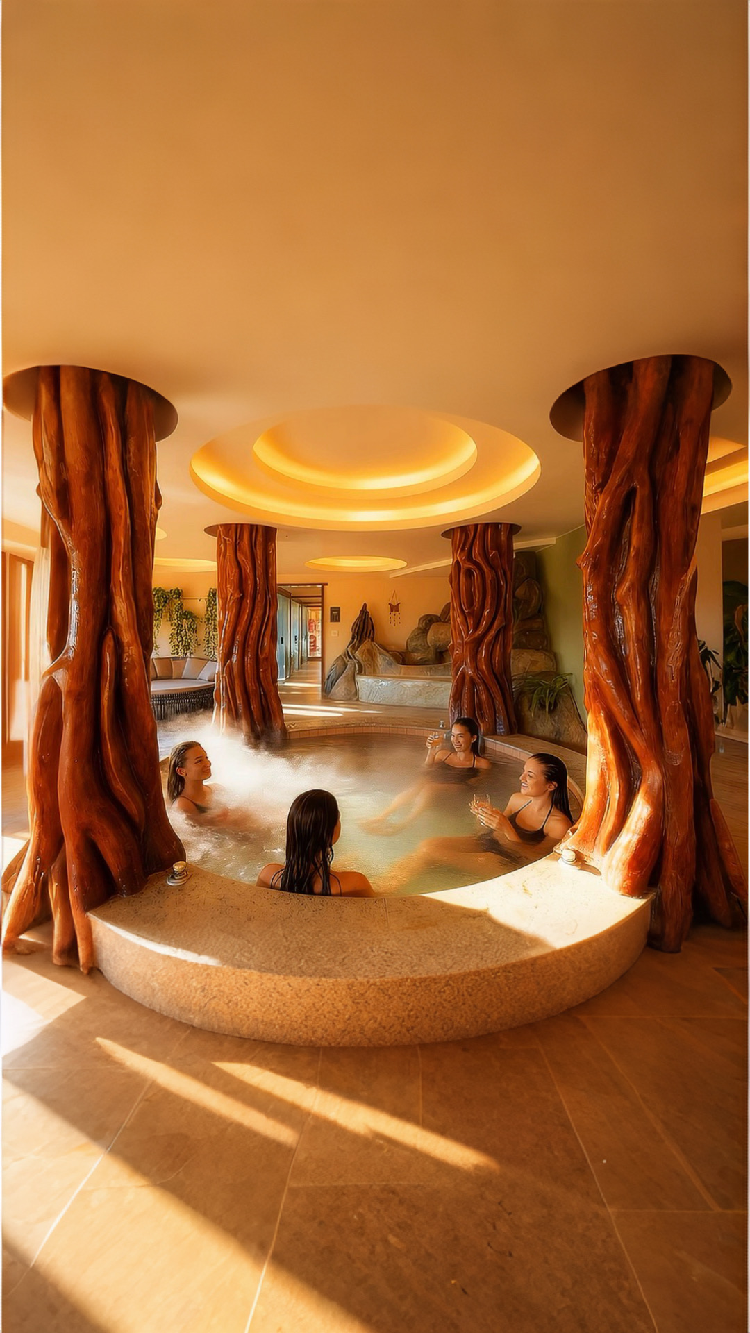 Jacuzzi do spa com colunas esculpidas